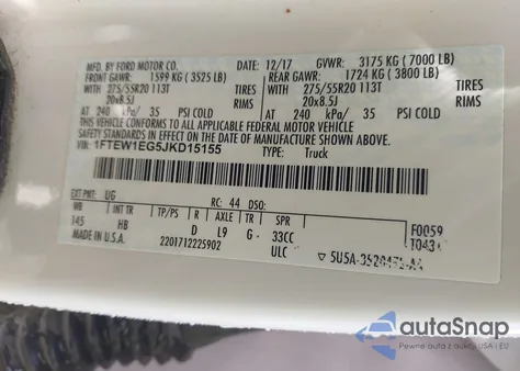 2018 Ford F-150 Lariat z USA, uszkodzony, nr VIN 1FTEW1EG5JKD15155